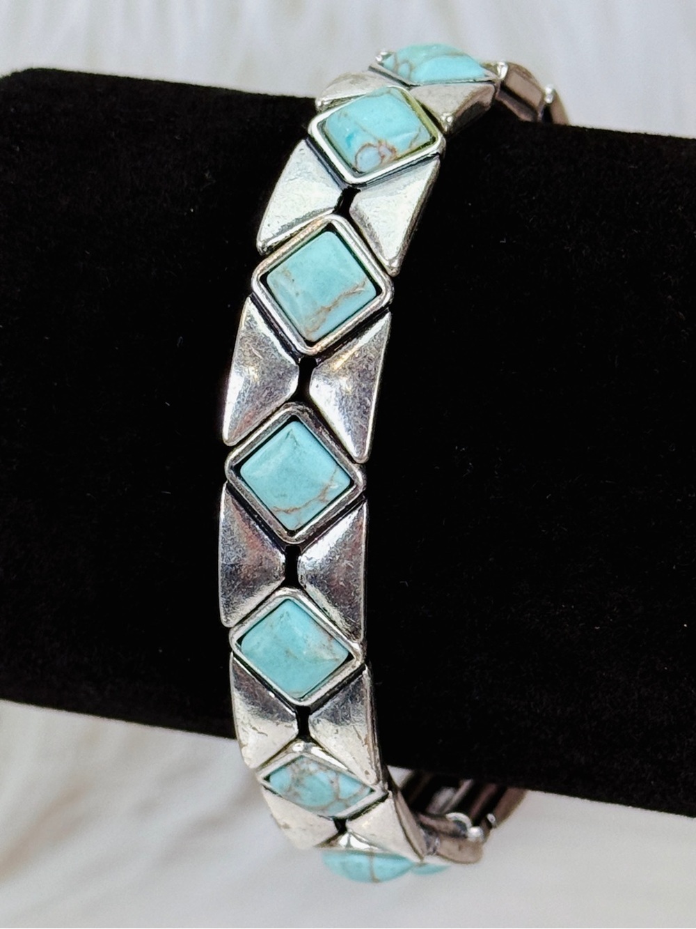 Silvertone and Light Blue Stretch Bracelet